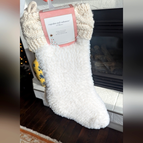 New Christmas Cupcakes & Cashmere Cream Knit and White Faux Fur Stockings - Picture 2 of 2